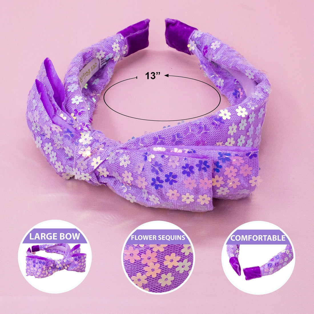 Frog Sac Big Bow Headband, Double Layer Sequin
