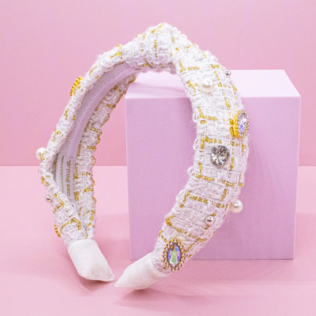 Frog Sac Embellished Knot Headband, Tweed Rhinestone Pearl