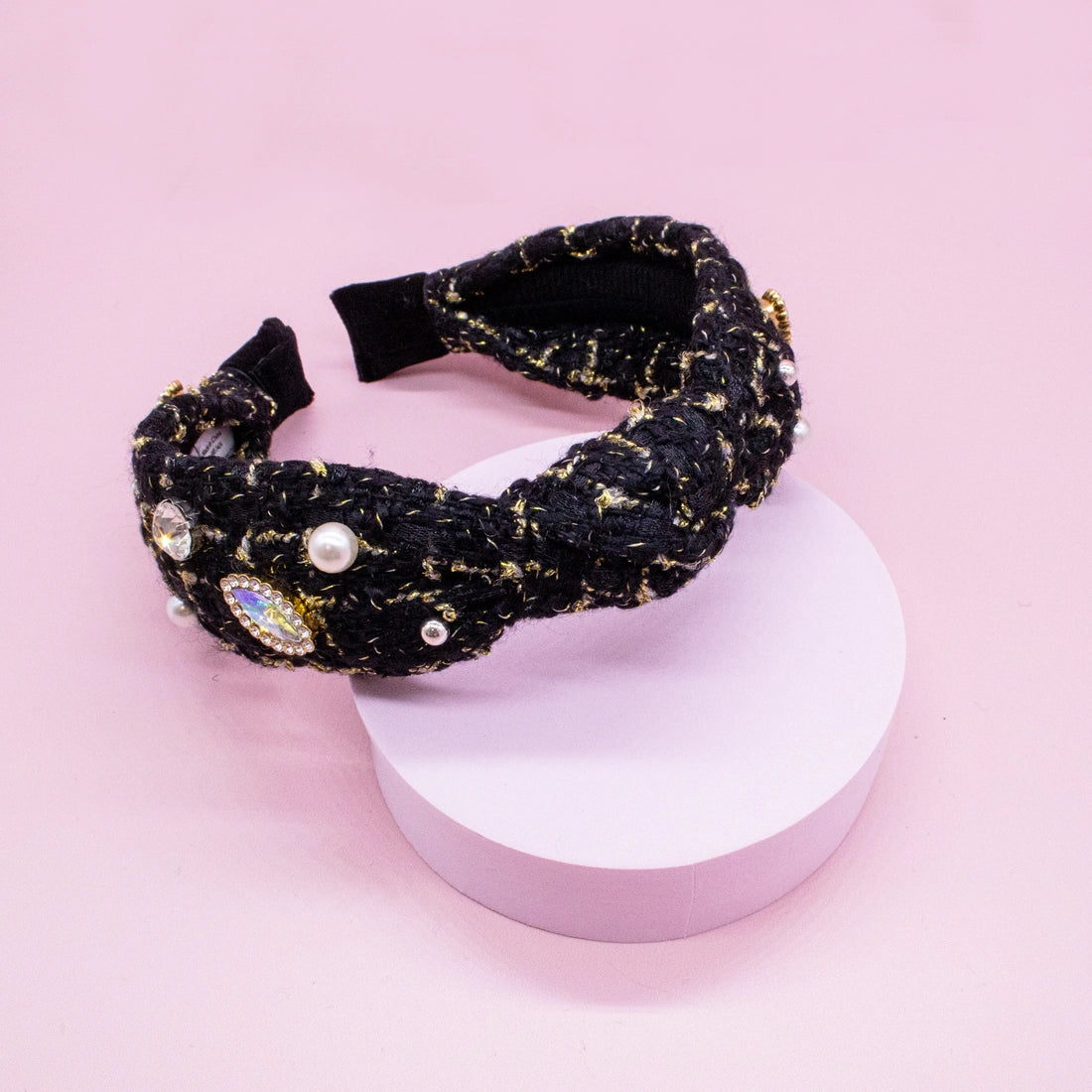 Frog Sac Embellished Knot Headband, Tweed Rhinestone Pearl