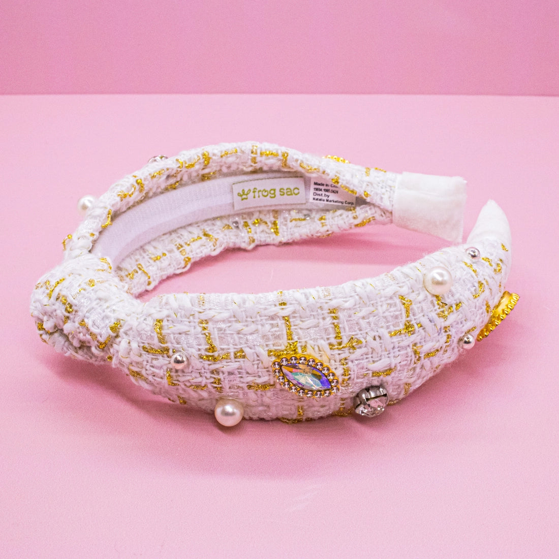Frog Sac Embellished Knot Headband, Tweed Rhinestone Pearl