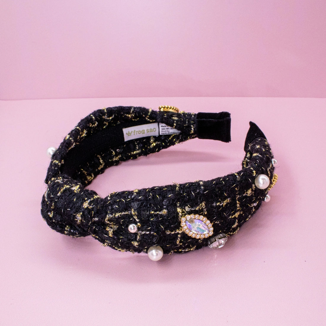 Frog Sac Embellished Knot Headband, Tweed Rhinestone Pearl