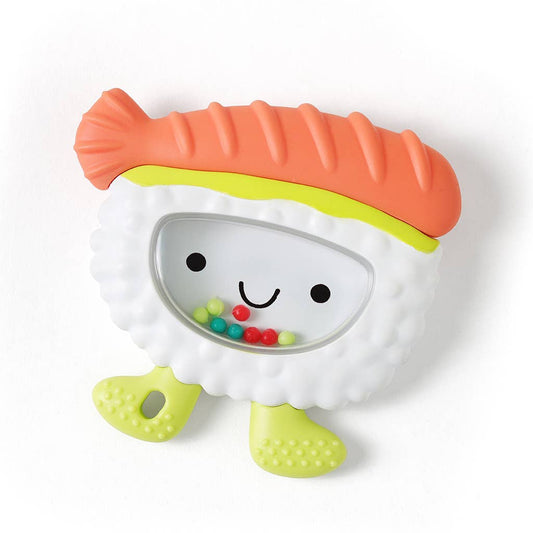 Toy resembling a piece of sushi with a smiling face on a white background