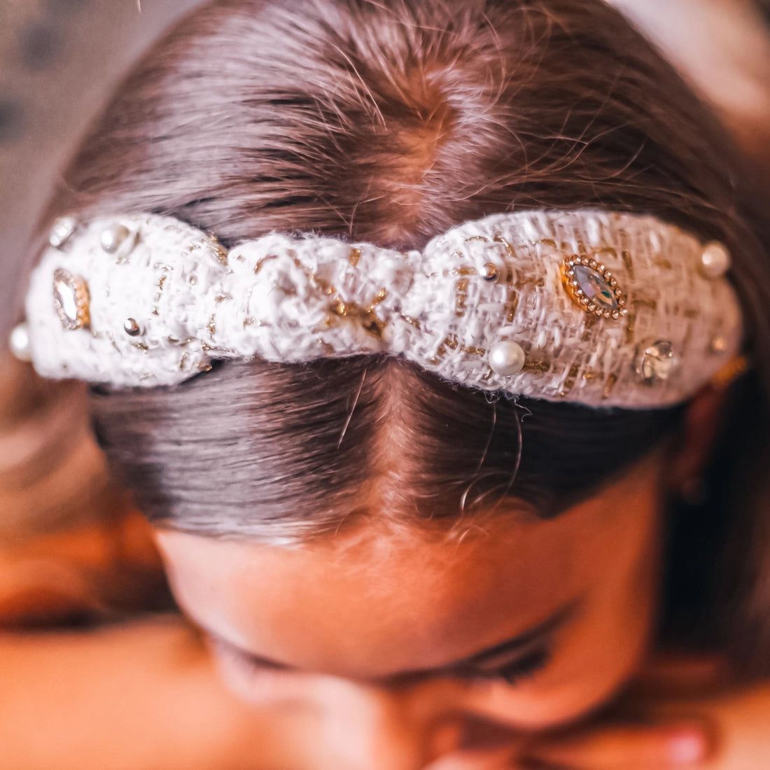 Frog Sac Embellished Knot Headband, Tweed Rhinestone Pearl