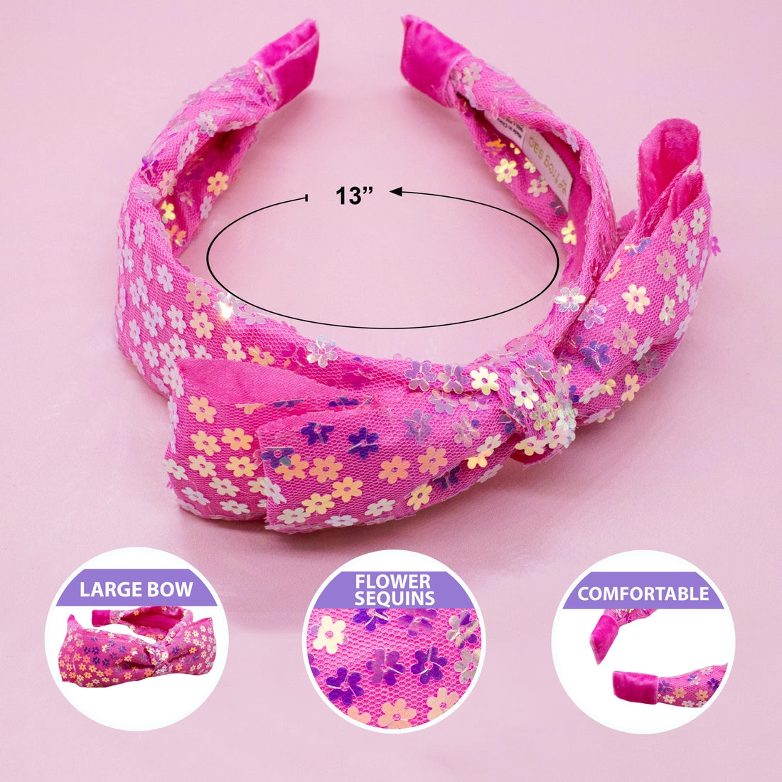 Frog Sac Big Bow Headband, Double Layer Sequin