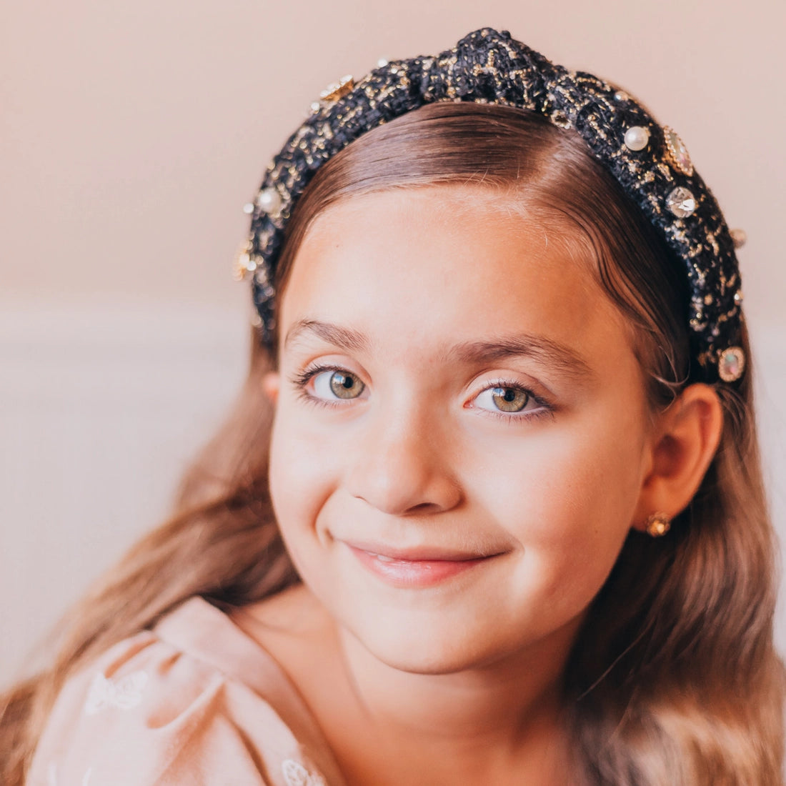 Frog Sac Embellished Knot Headband, Tweed Rhinestone Pearl