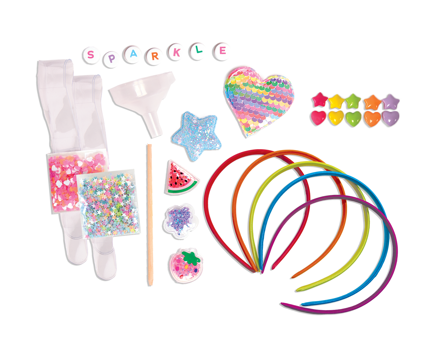 Assorted children's accessories including headbands, socks, and decorative items on a white background.