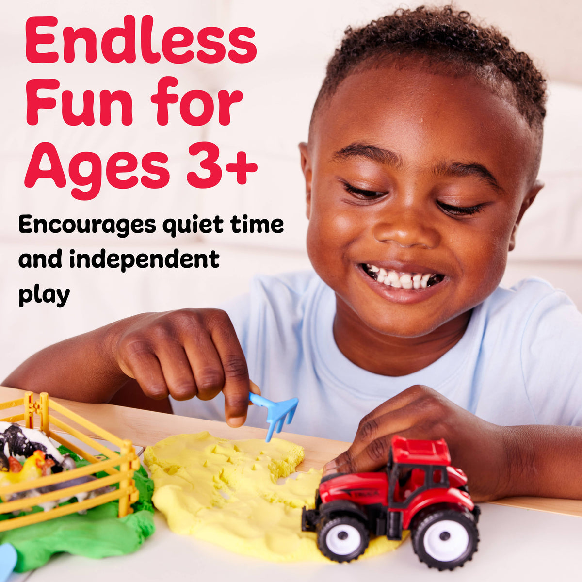 Child playing with play dough and a toy tractor, with text about endless fun for ages 3+.