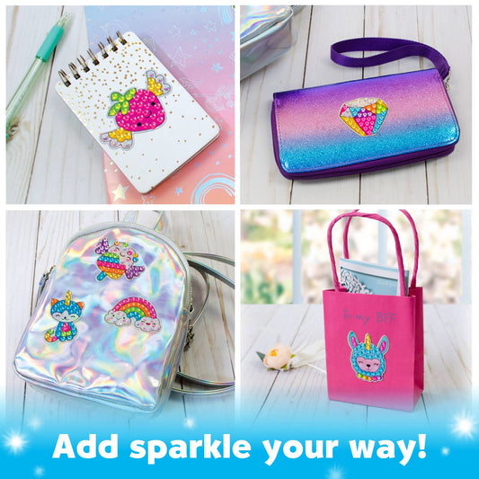 Collage of colorful bags and accessories with cartoon designs on a wooden surface.