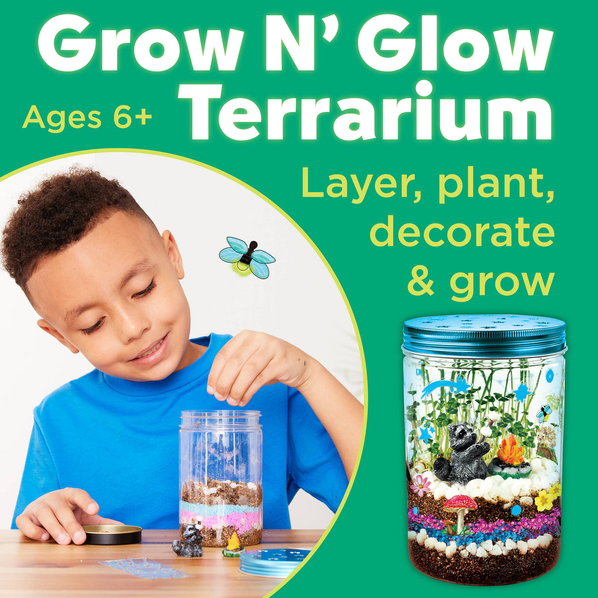 Grow N' Glow Terrarium kit with child and completed terrarium on a green background