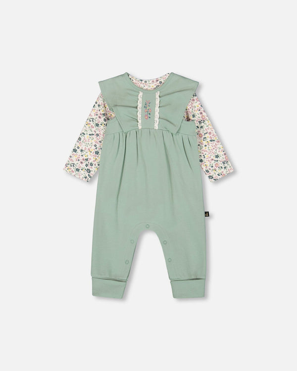 Deux par Deux - Organic Cotton Bodysuit and Sleeveless Overalls Set - Jade Green