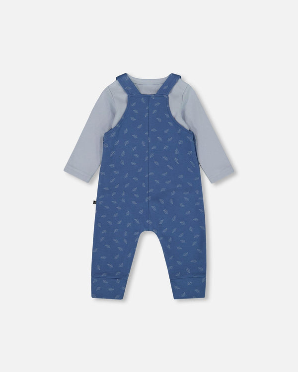 Deux par Deux - Organic Cotton Onesie and Overalls Set - Blue Leaf Print
