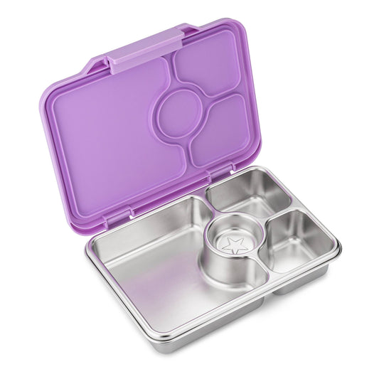 Open stainless steel Yumbox with a purple lid on a white background