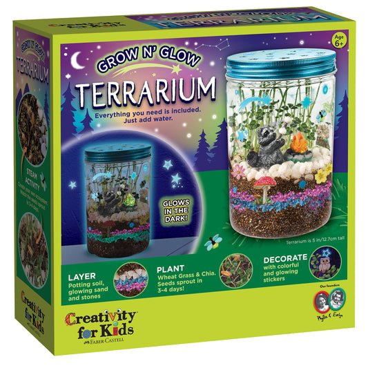 Terrarium kit packaging with 'Grow N' Glow' text and images of a completed terrarium.
