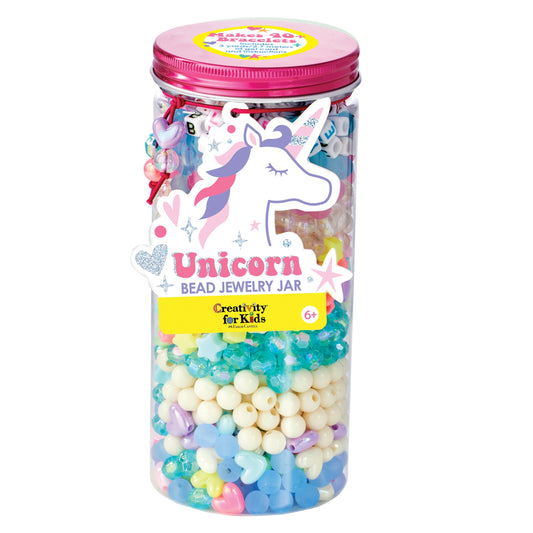 Unicorn bead jewelry jar with colorful beads and pink lid on a white background