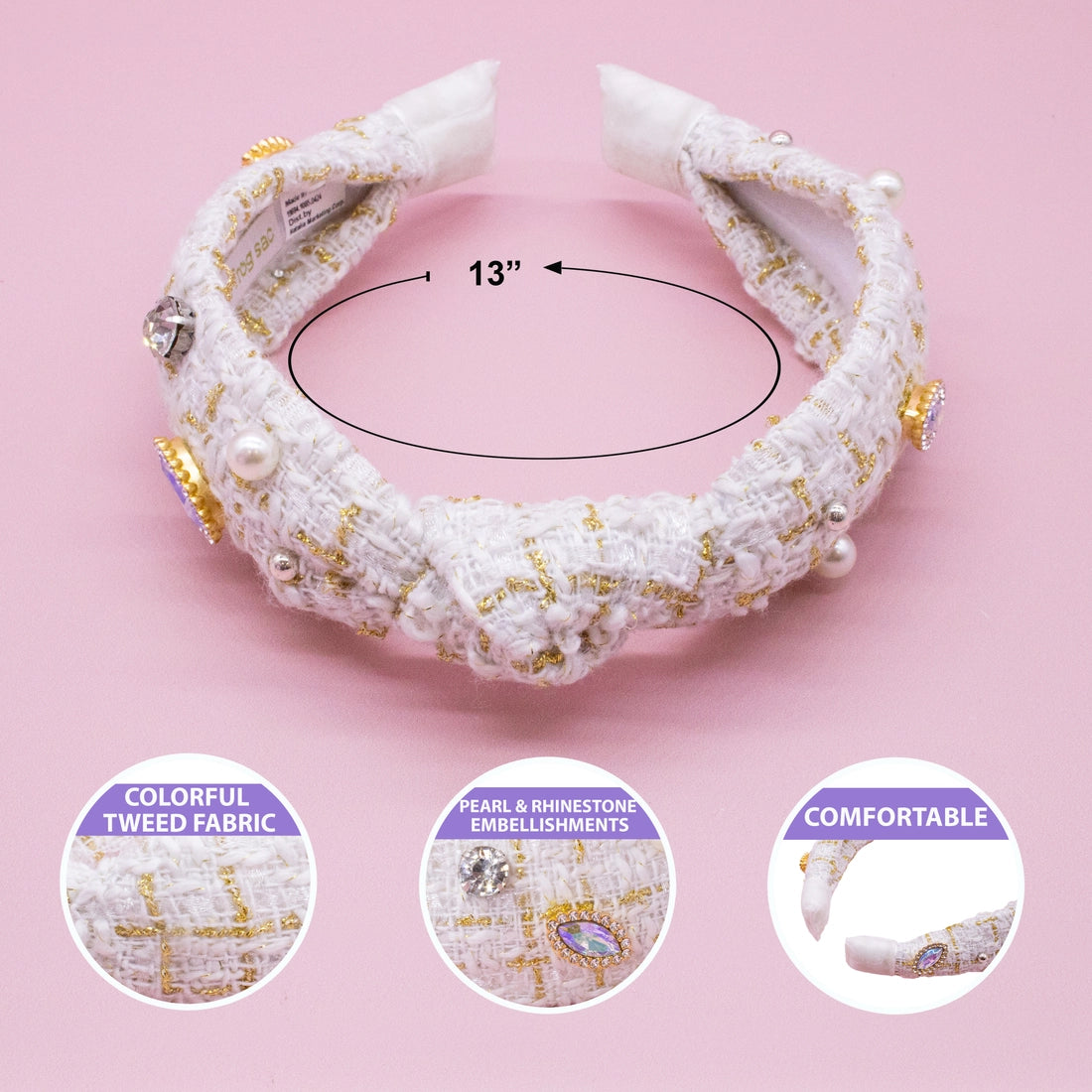 Frog Sac Embellished Knot Headband, Tweed Rhinestone Pearl