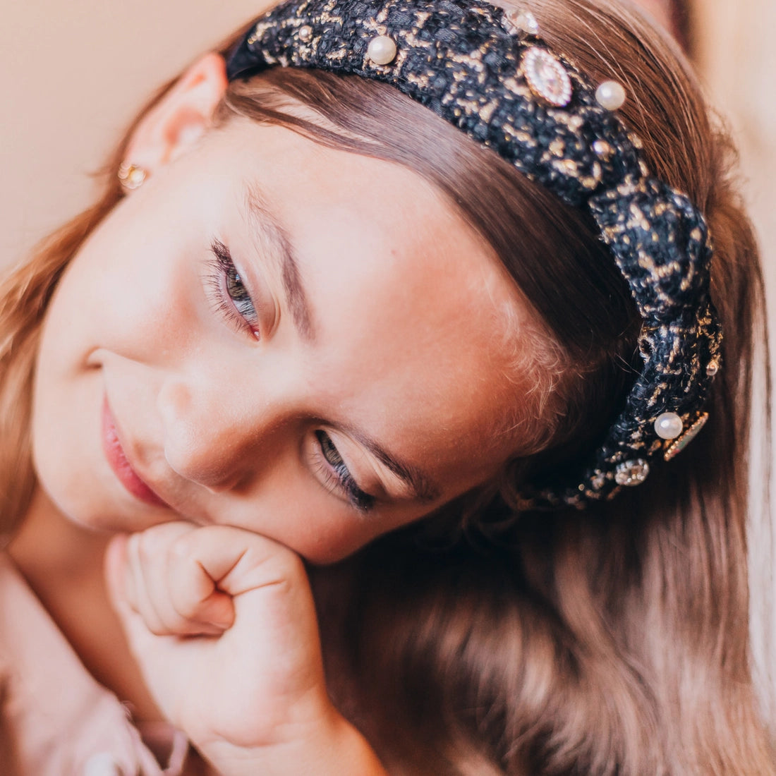 Frog Sac Embellished Knot Headband, Tweed Rhinestone Pearl