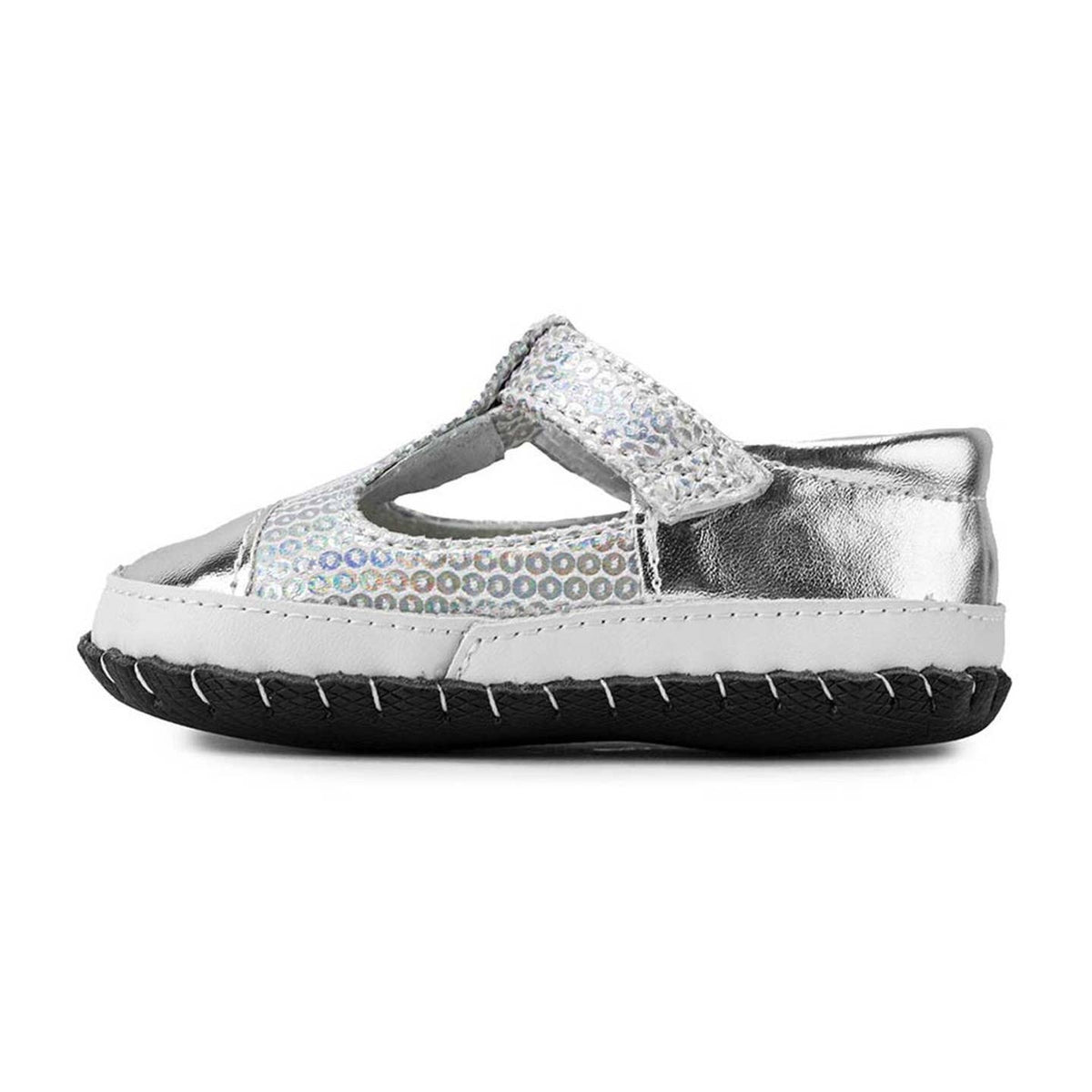 Pediped Ruby Soft Sole Baby T Strap Shoe Metallic Sequin