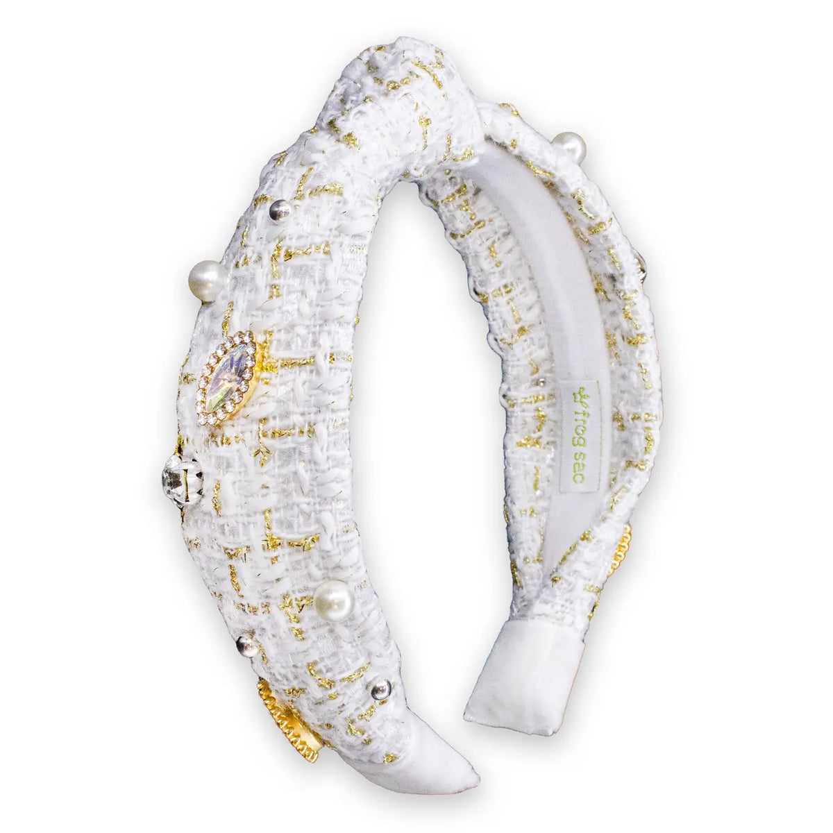 Frog Sac Embellished Knot Headband, Tweed Rhinestone Pearl