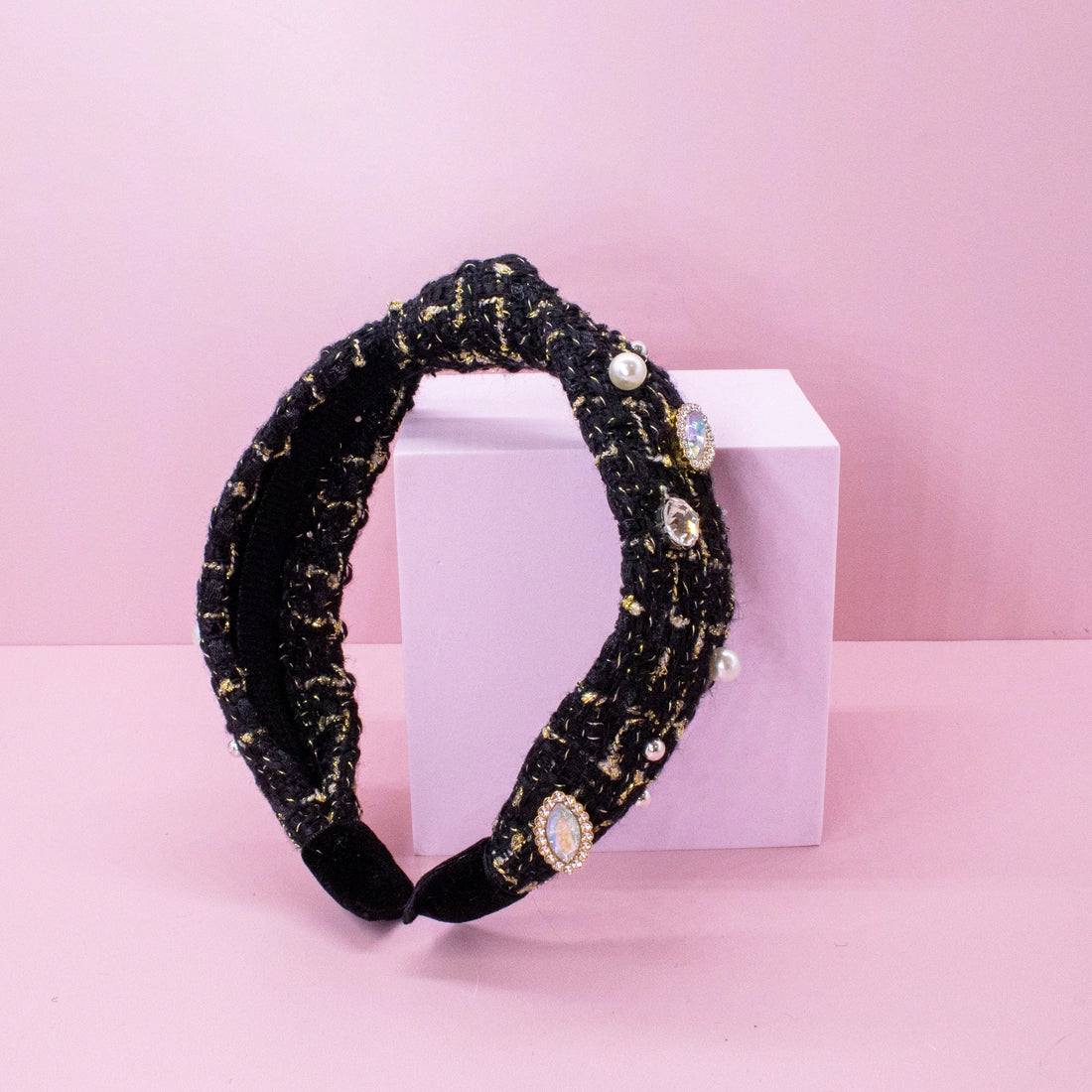 Frog Sac Embellished Knot Headband, Tweed Rhinestone Pearl