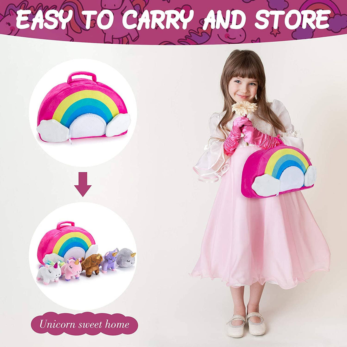 5-Piece Stuffed Unicorn Toy Set with To Carry Unicorn Bag