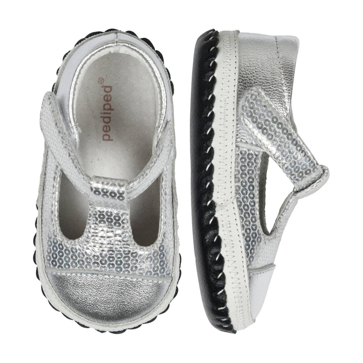 Pediped Ruby Soft Sole Baby T Strap Shoe Metallic Sequin