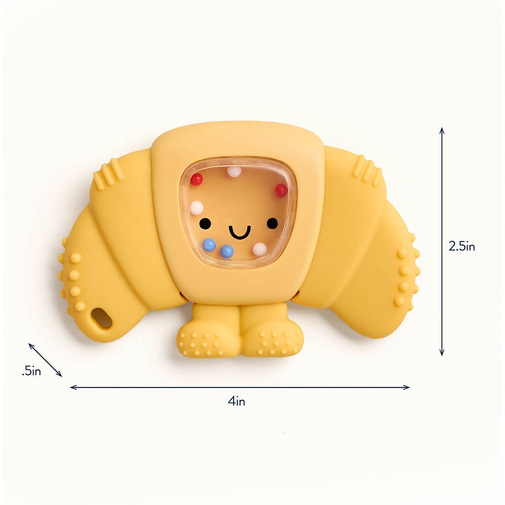 Yellow croissant-shaped toy with colorful beads inside, showing dimensions on a white background