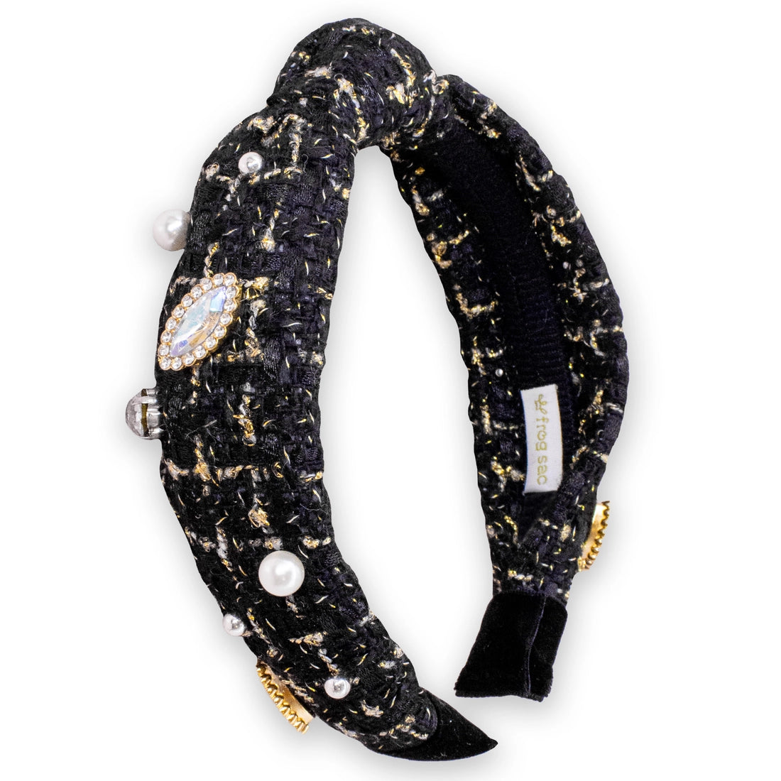 Frog Sac Embellished Knot Headband, Tweed Rhinestone Pearl