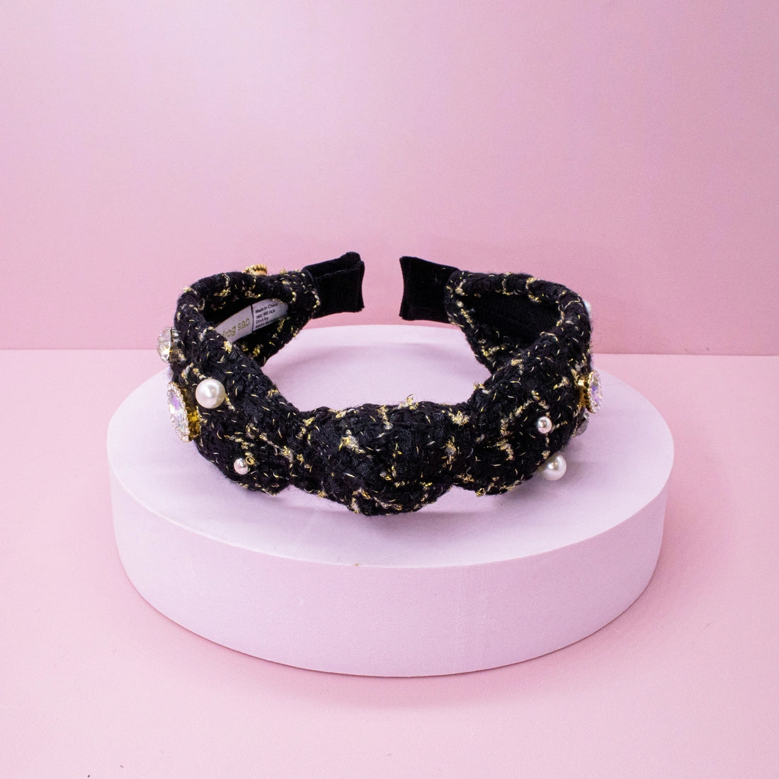 Frog Sac Embellished Knot Headband, Tweed Rhinestone Pearl
