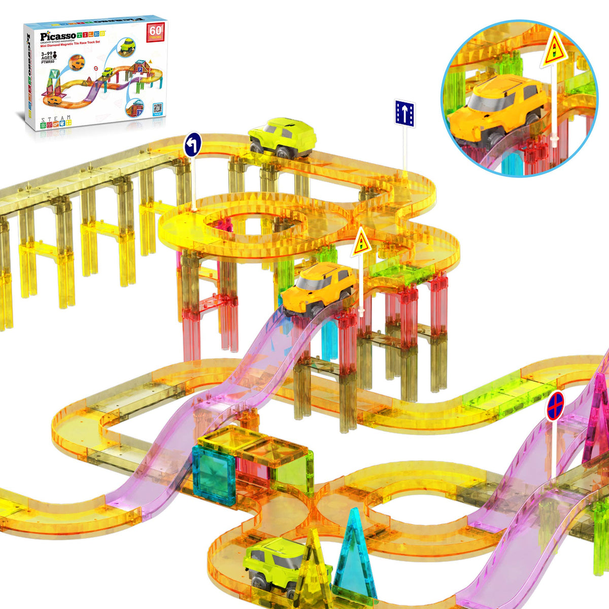 PicassoTiles 60pc Travel Size Magnetic Tile Race Track Set
