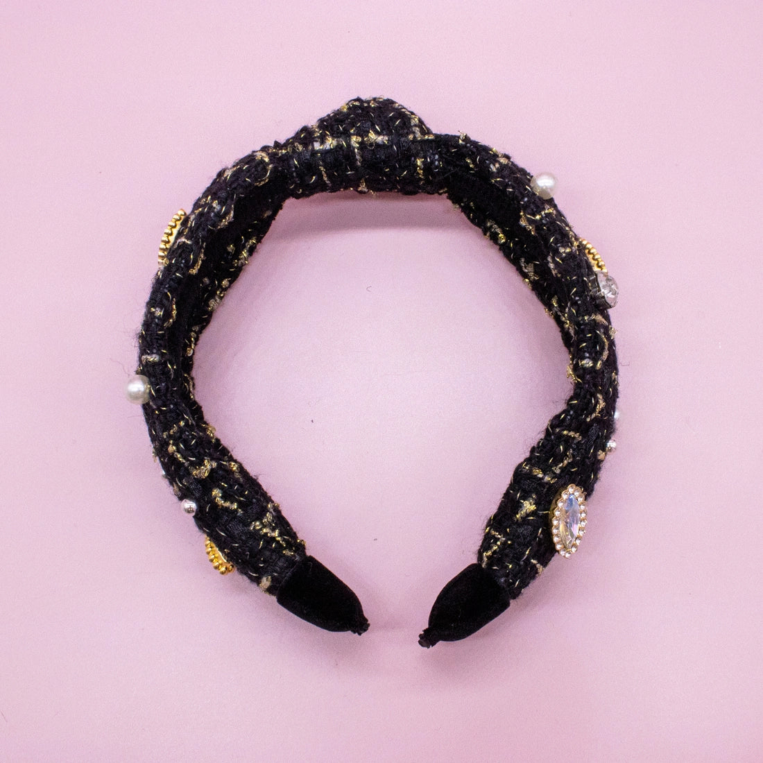 Frog Sac Embellished Knot Headband, Tweed Rhinestone Pearl