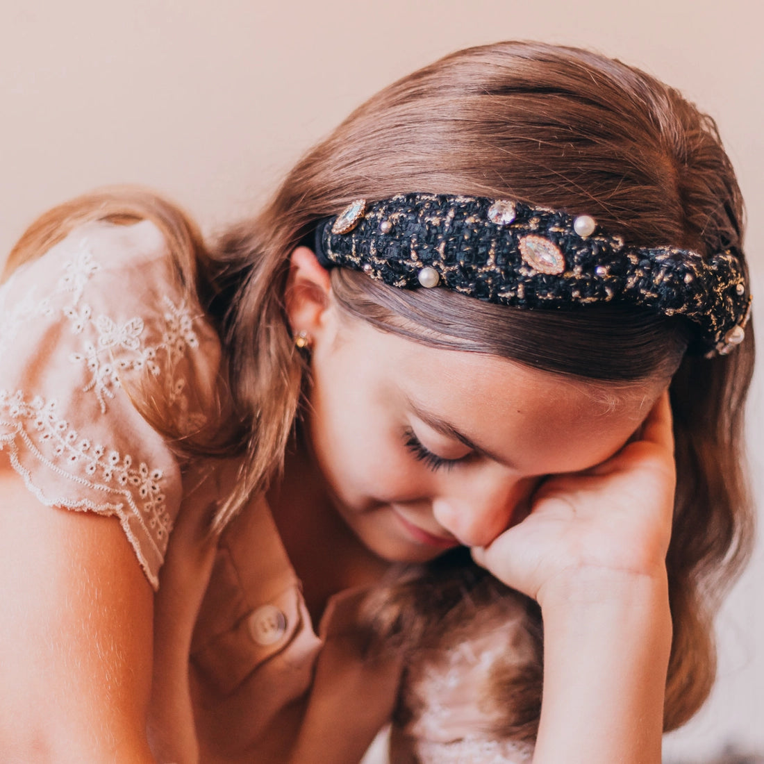 Frog Sac Embellished Knot Headband, Tweed Rhinestone Pearl