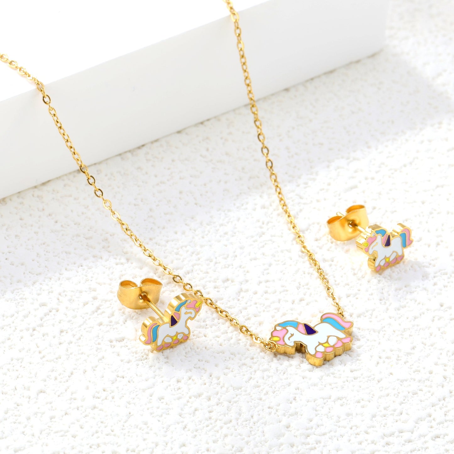 Oh! Cherise Unicorn Stainless Steel 18k Gold Plated Earring and Necklace Set