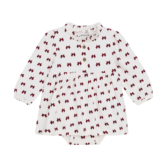 Minymo - Bows on Cream Dress Onesie with Buttoned Collar - 3M