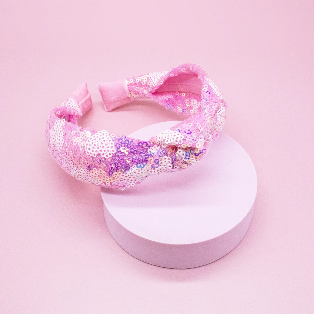 Frog Sac - Kids Knot Headband - Pink Sequin Heart Valentine's Day