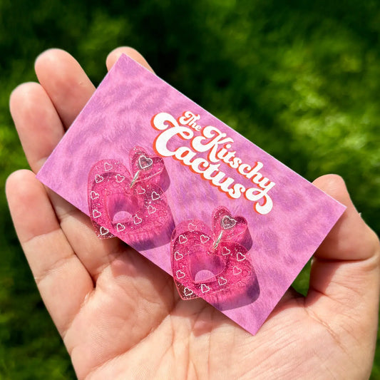 The Kitschy Cactus - Love Me Do (mini)-Pink Glitter Heart Earrings