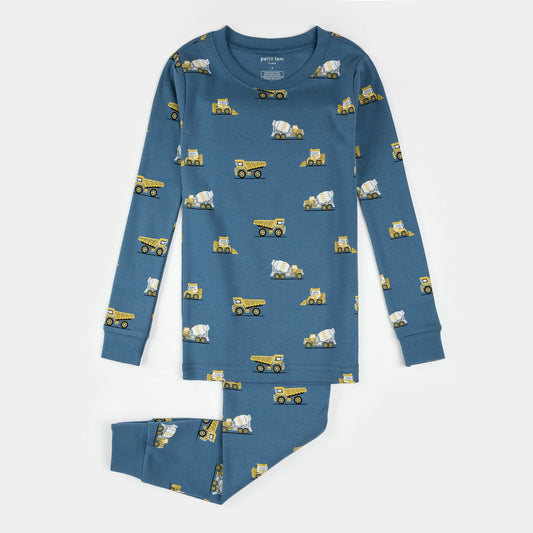 Petit Lem - Construction Truck Print on Cobalt Blue PJ Set