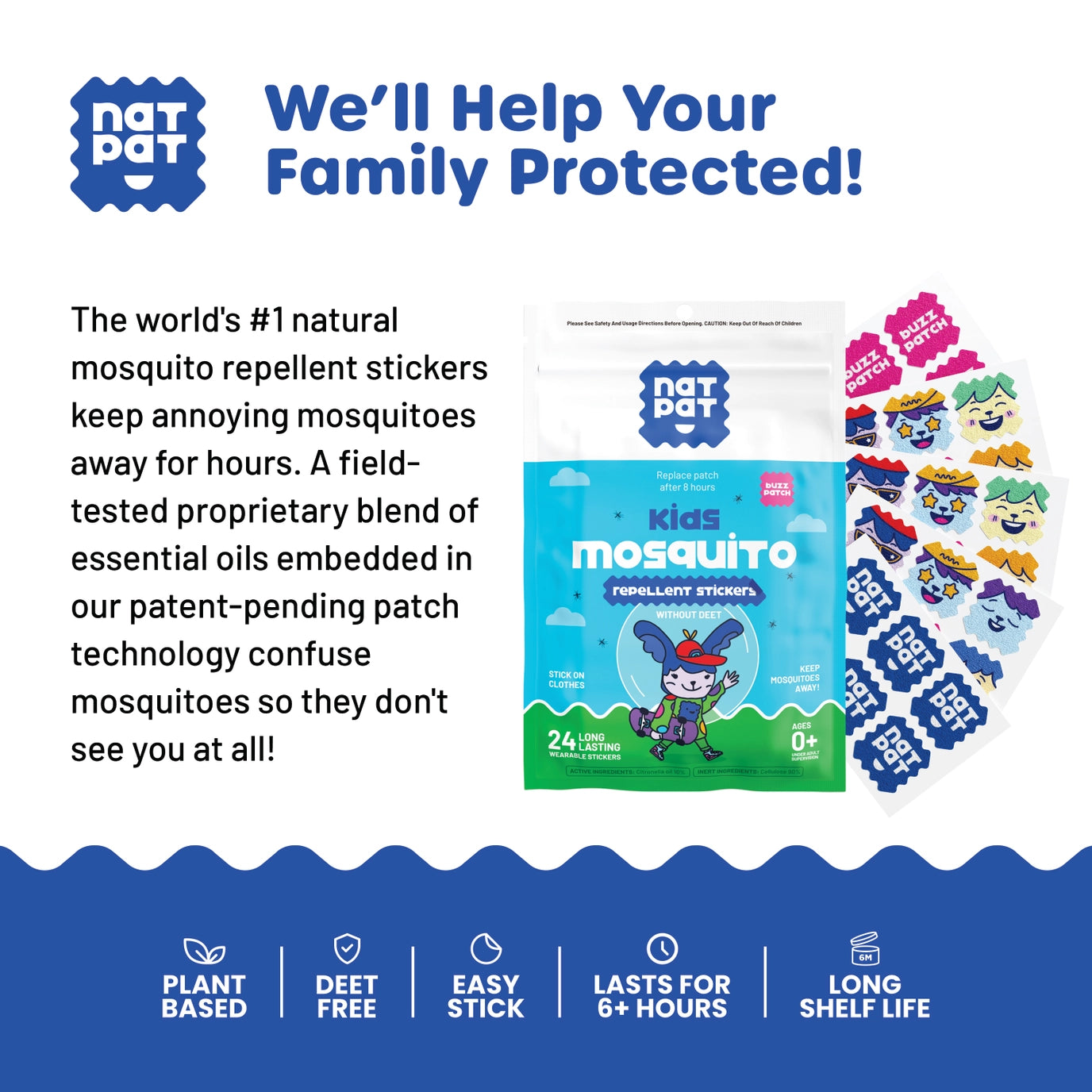 NATPAT - BuzzPatch: Mosquito Patches, Natural Insect Repellent - 24 Pack