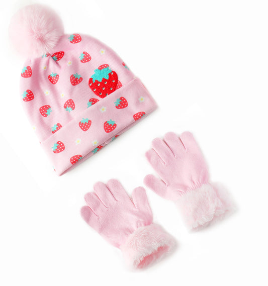 OMG Accessories - Strawberry Printed Hat & Glove Set