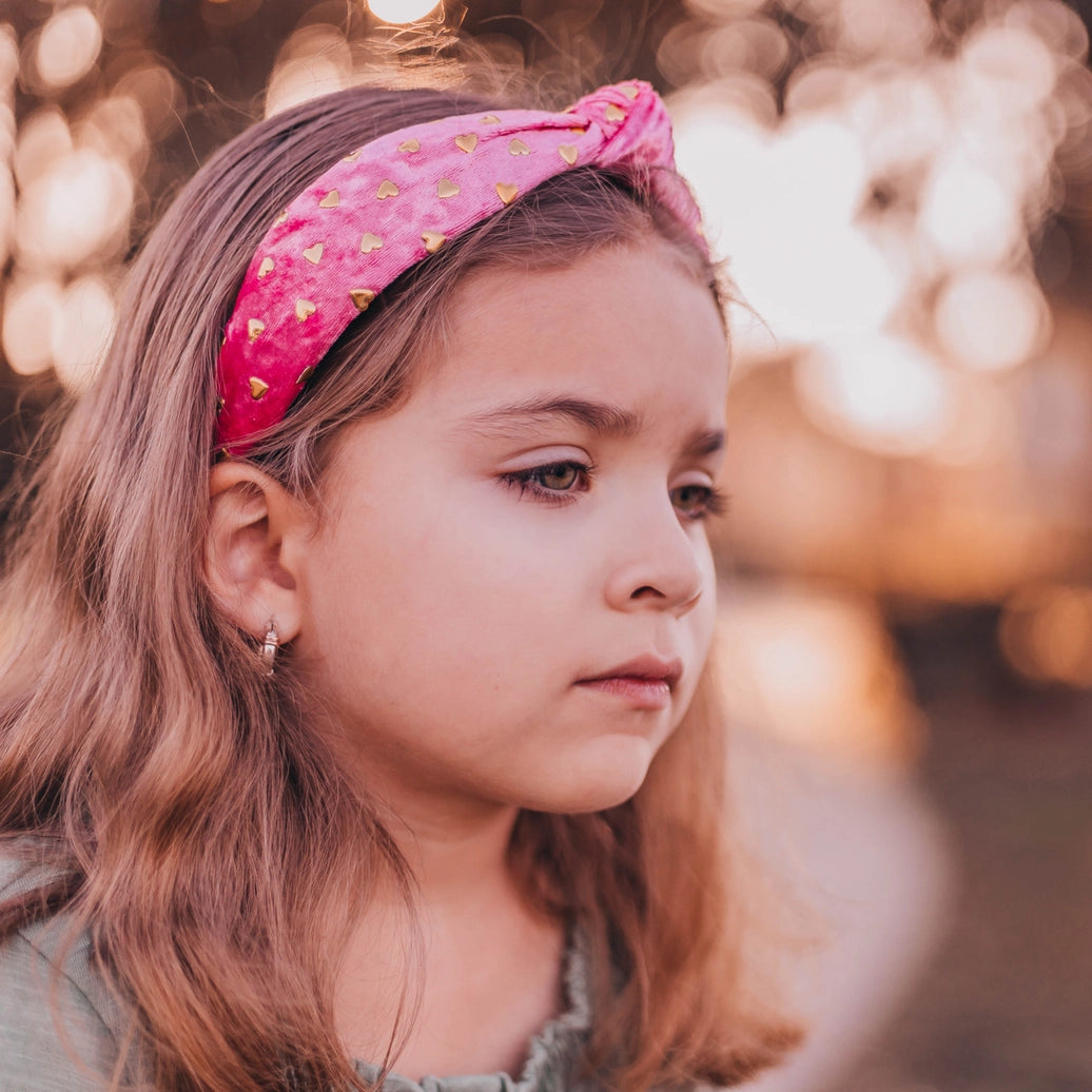 Frog Sac - Kids Knot Headband - Gold Heart Stud Velvet Hair Accessories
