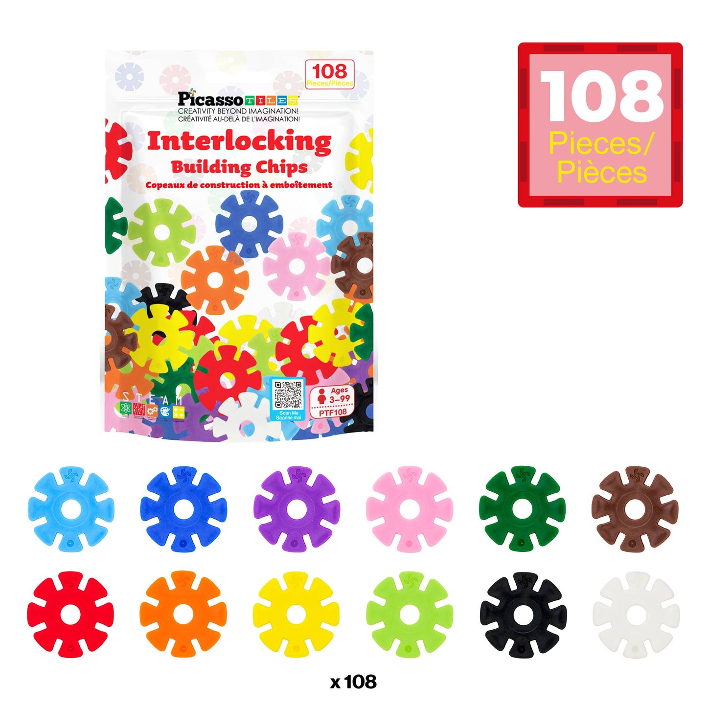 PicassoTiles 108pc Building Chips Interlocking Disc Set