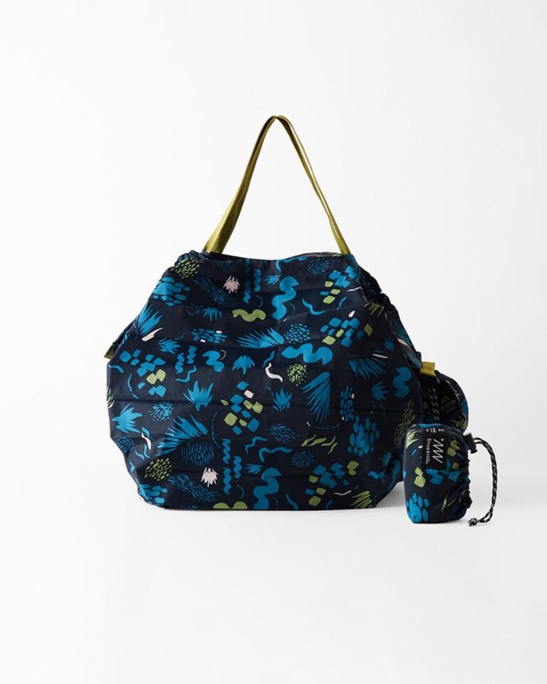 Blue bag with a smaller matching pouch on a white background