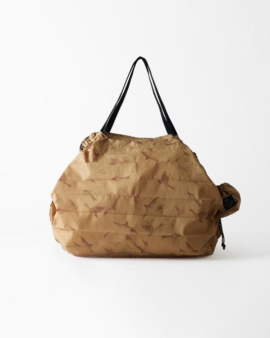 Brown drawstring bag with black handles on a white background