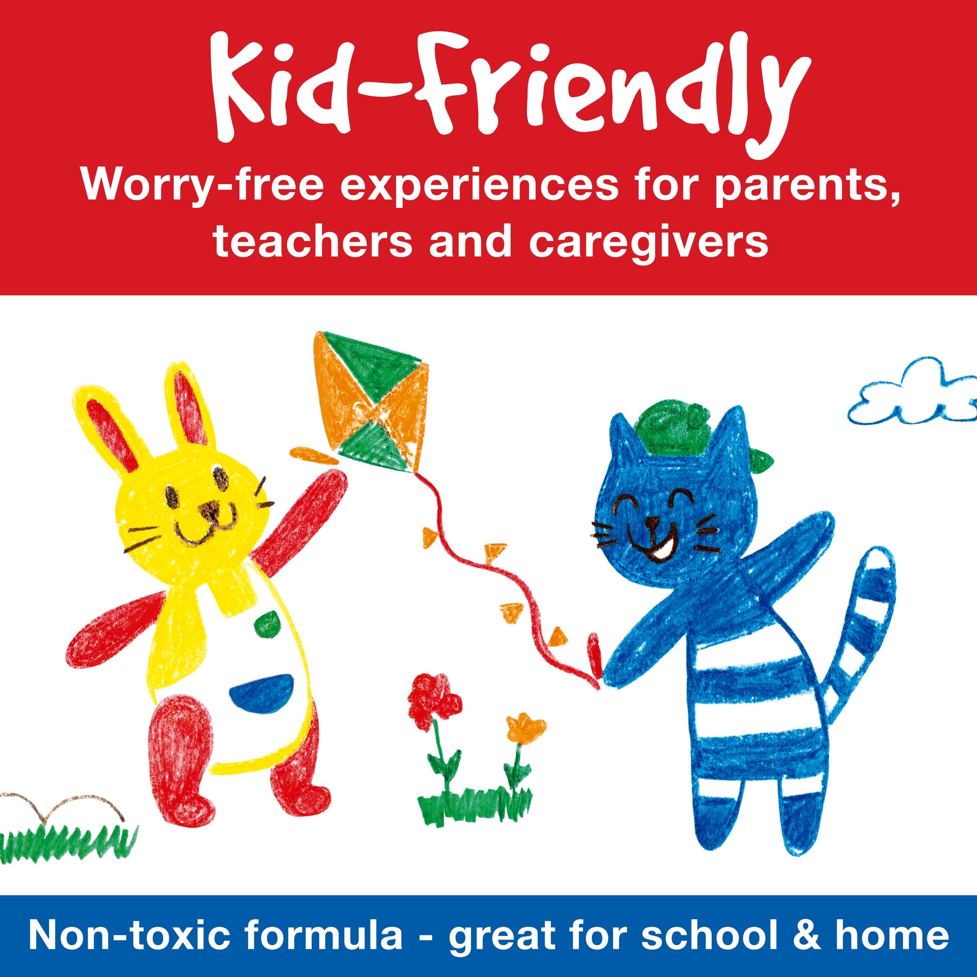 Cartoon characters with a kite on a red and blue background, promoting 'Kid-Friendly' products.