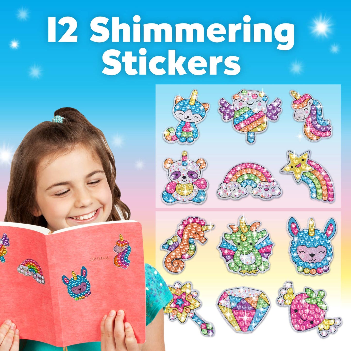 Child holding a book with colorful stickers on a blue background