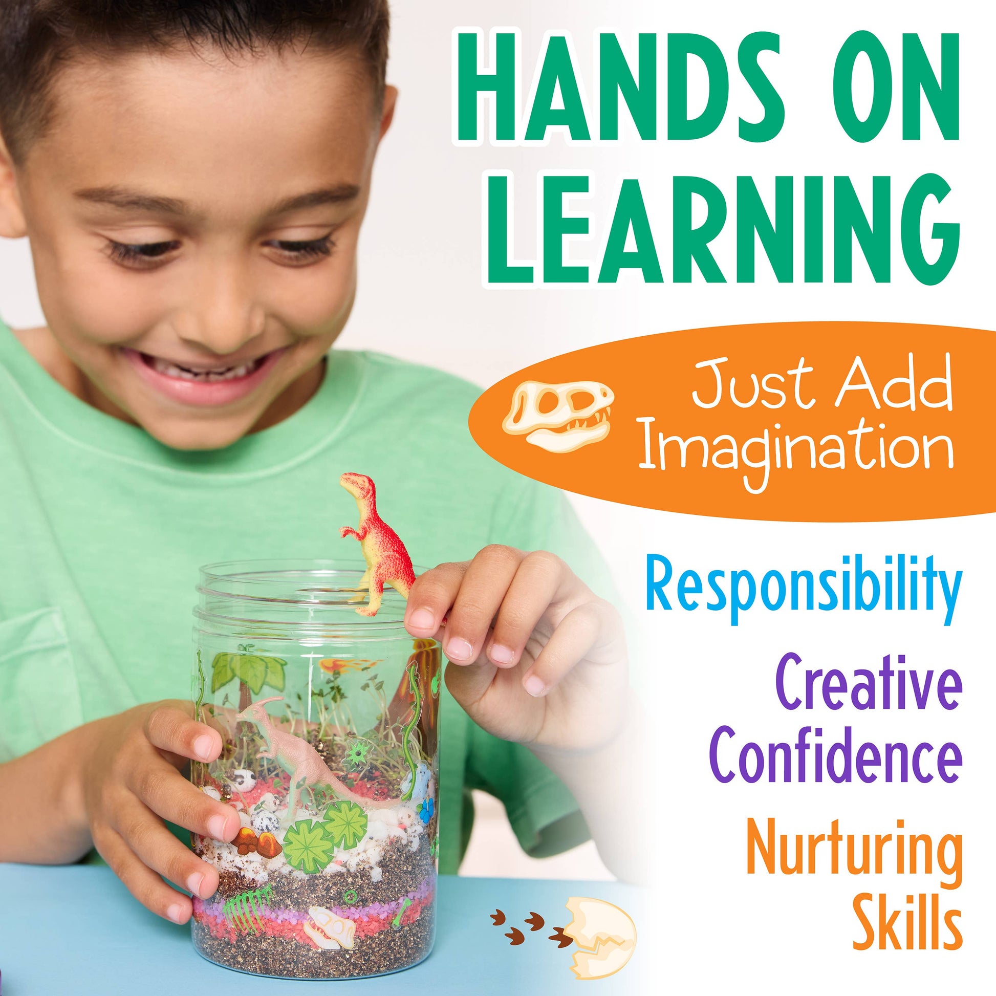 Child holding a jar with a terrarium and text about hands-on learning and educational benefits.