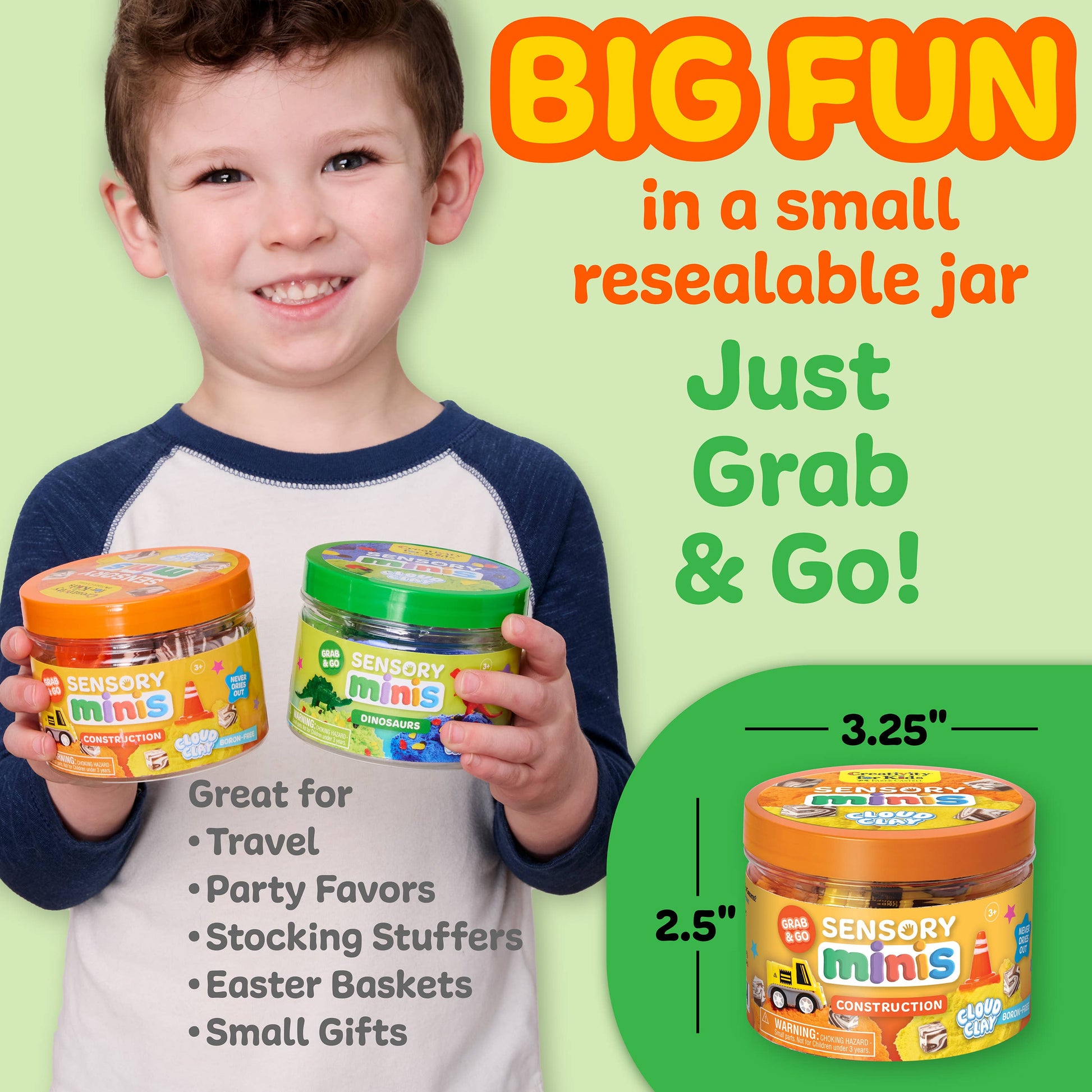 Child holding two sensory mini jars with promotional text on a green background 1