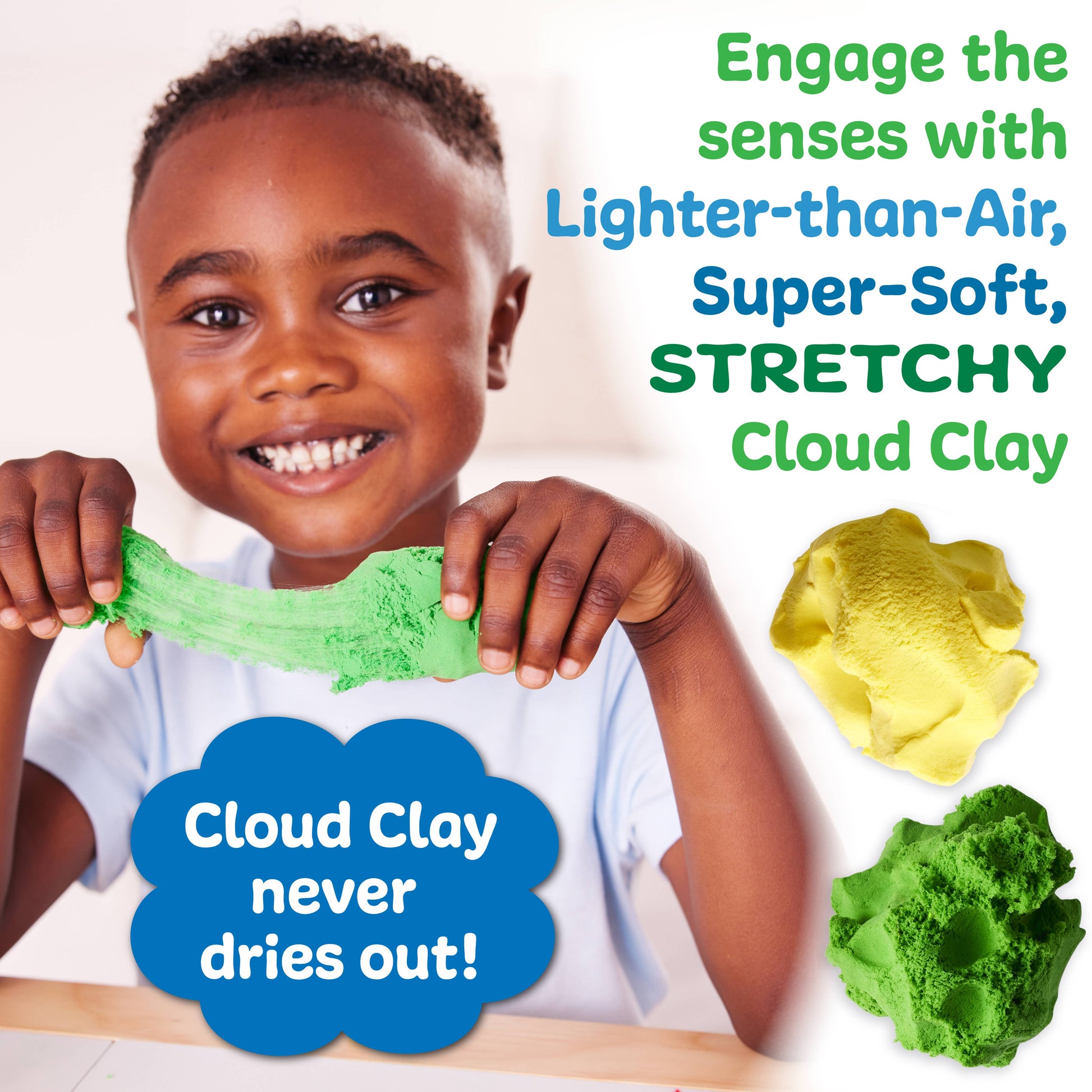 Child playing with green cloud clay, surrounded by text about the product's features.