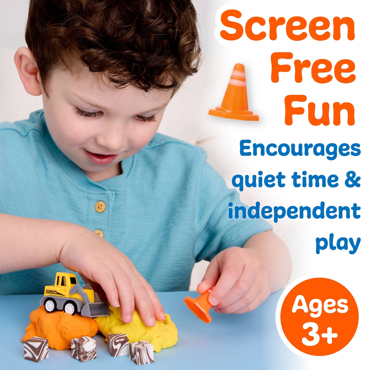 Child playing with toys on a table, with text promoting screen-free fun and independent play.