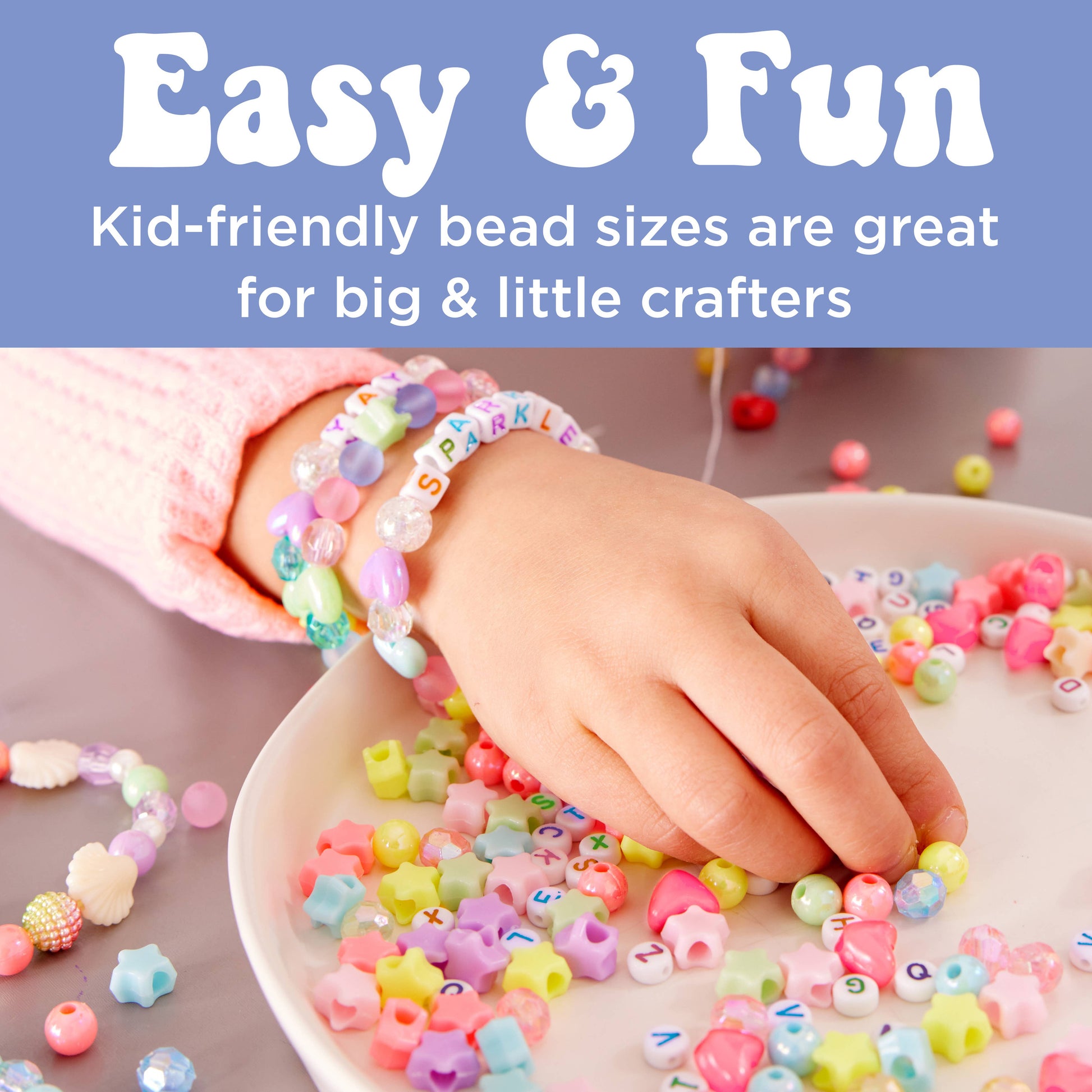 Child's hands wearing colorful bead bracelets with text about kid-friendly bead sizes.