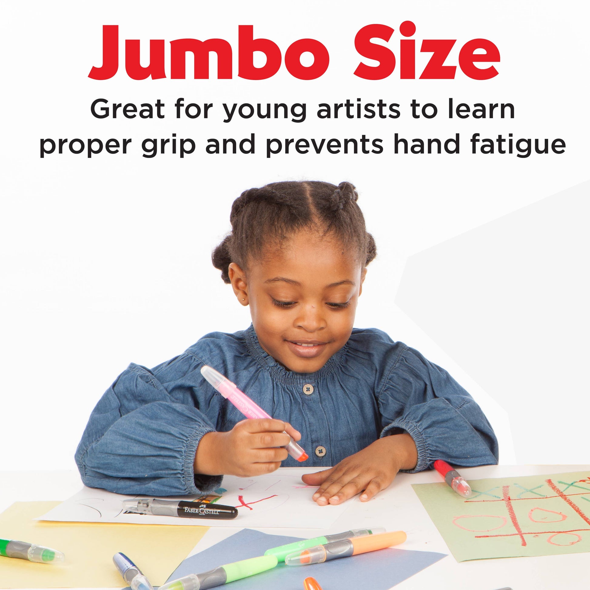 Child using a jumbo size marker with text about its benefits for young artists.